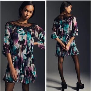 Anthropologie Small Watercolor Floral Pleated Sheer Mesh Yoke Lace Shift Dress